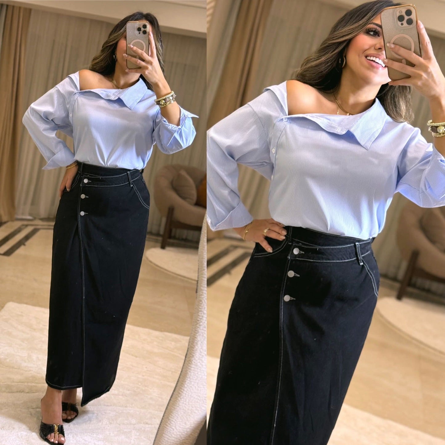 Long denim skirt midi straight sh
