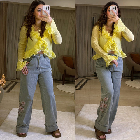 Wide denim embroidered pant sh