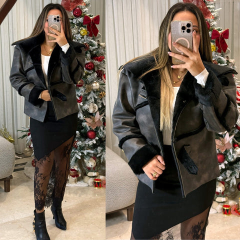 Leather jacket army with fur 26 pw