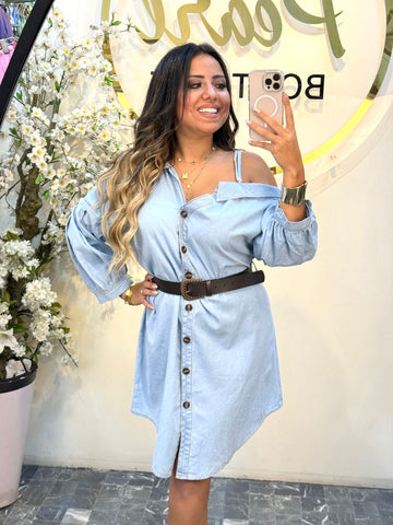 Short denim dress with belt pw