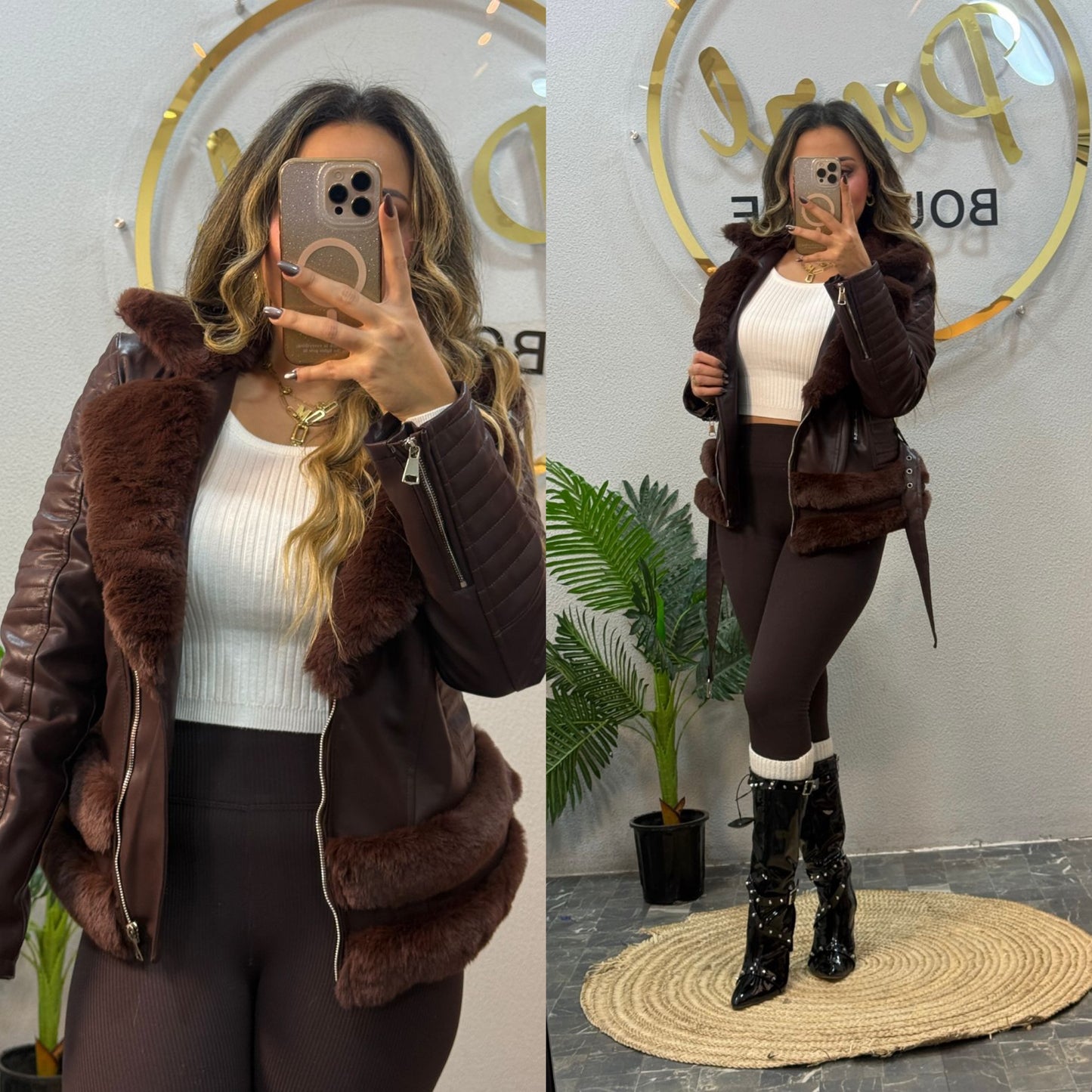 Jacket leather with fur&belt 26 pw