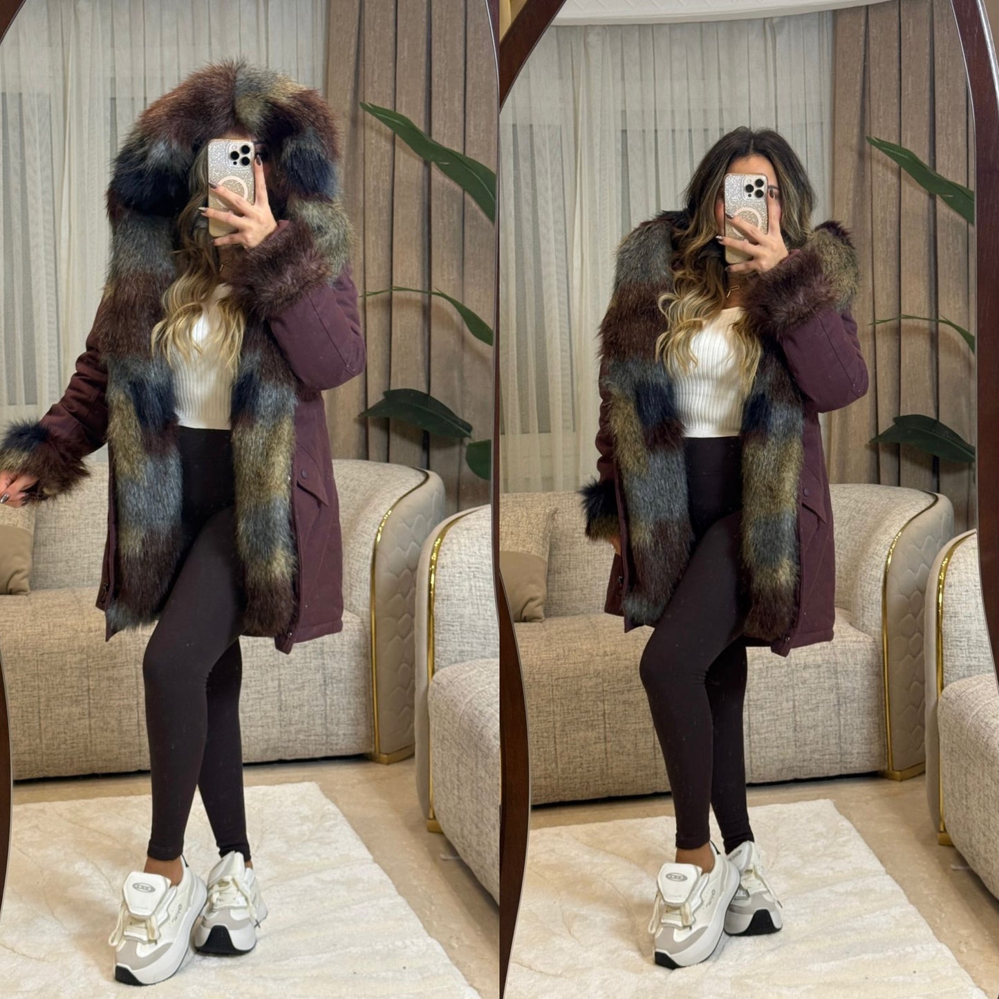 Long jacket gabrdin with fur pw