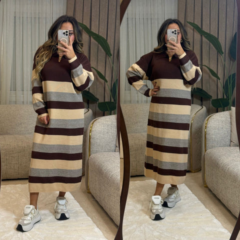 Dress brown collar striped 26 sh