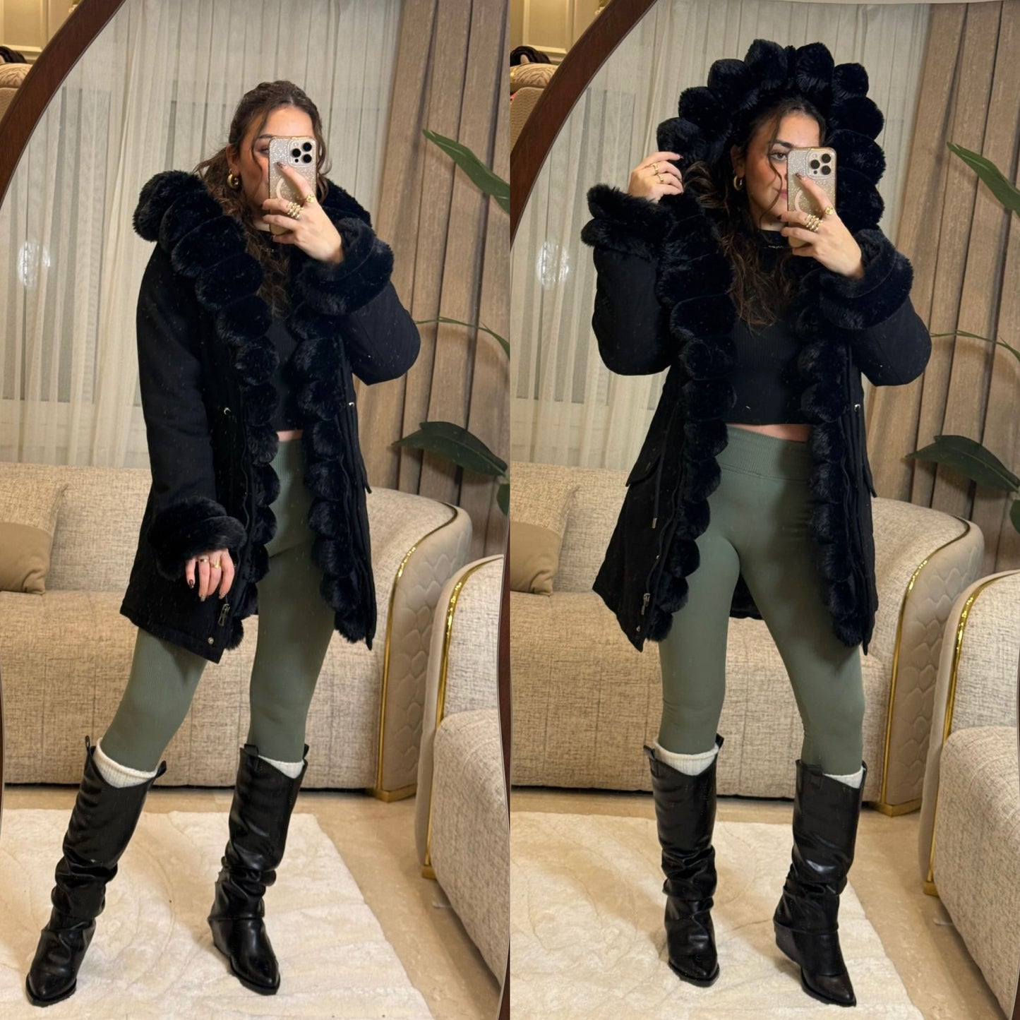 Long jacket gabrdin with fur pw