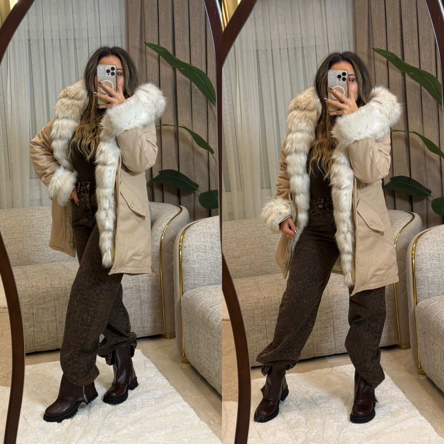 Long jacket gabrdin with fur pw