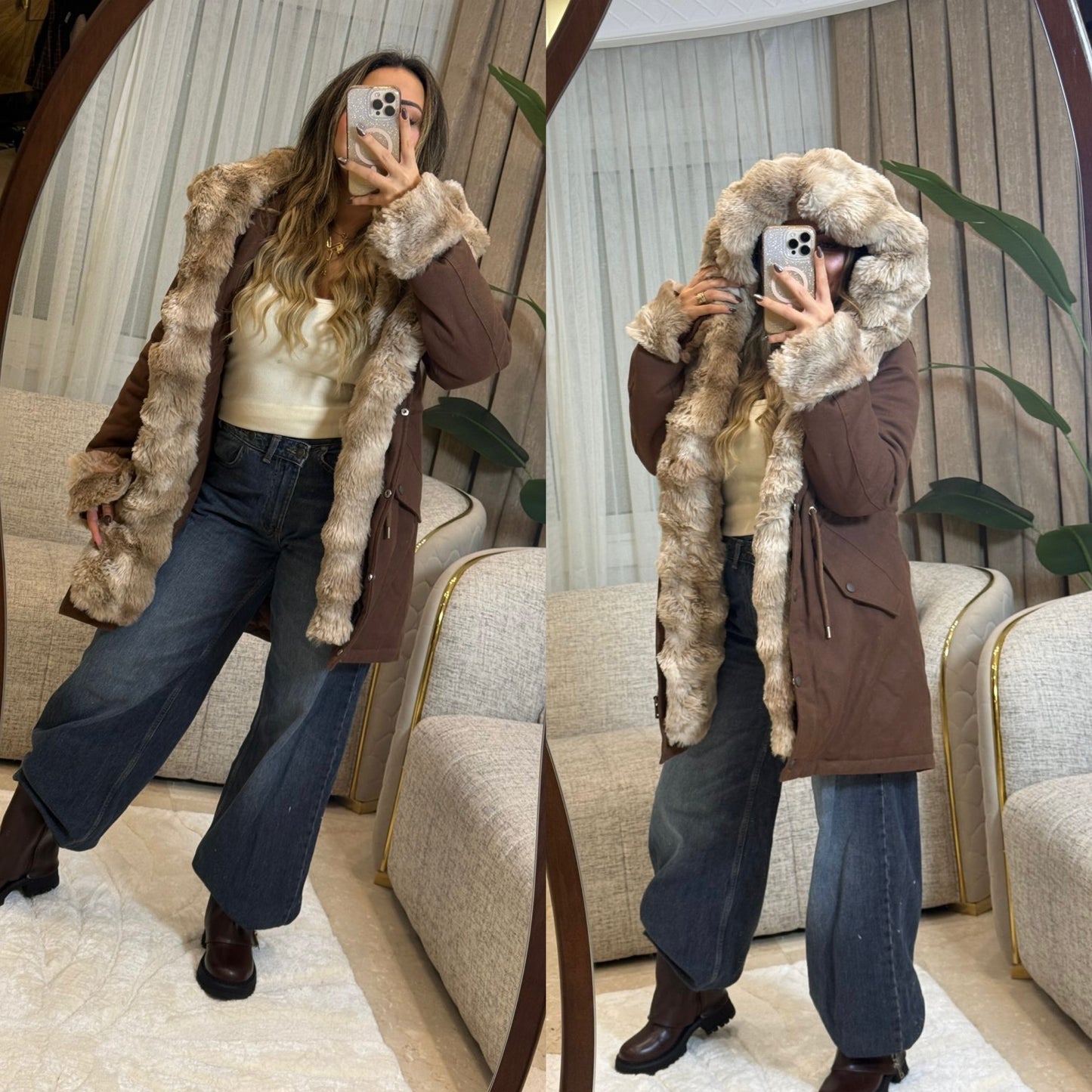 Long jacket gabrdin with fur pw