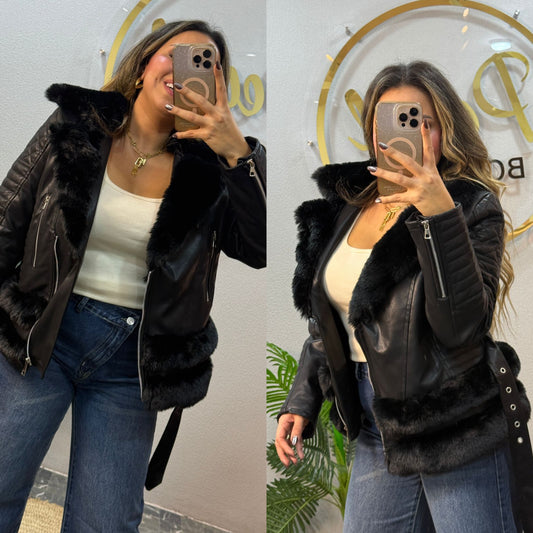 Jacket leather with fur&belt 26 pw