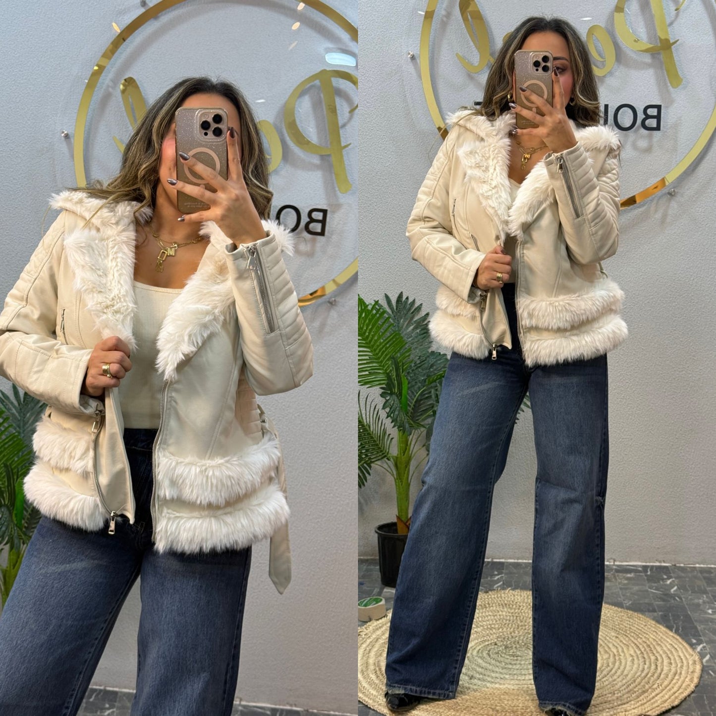 Jacket leather with fur&belt 26 pw